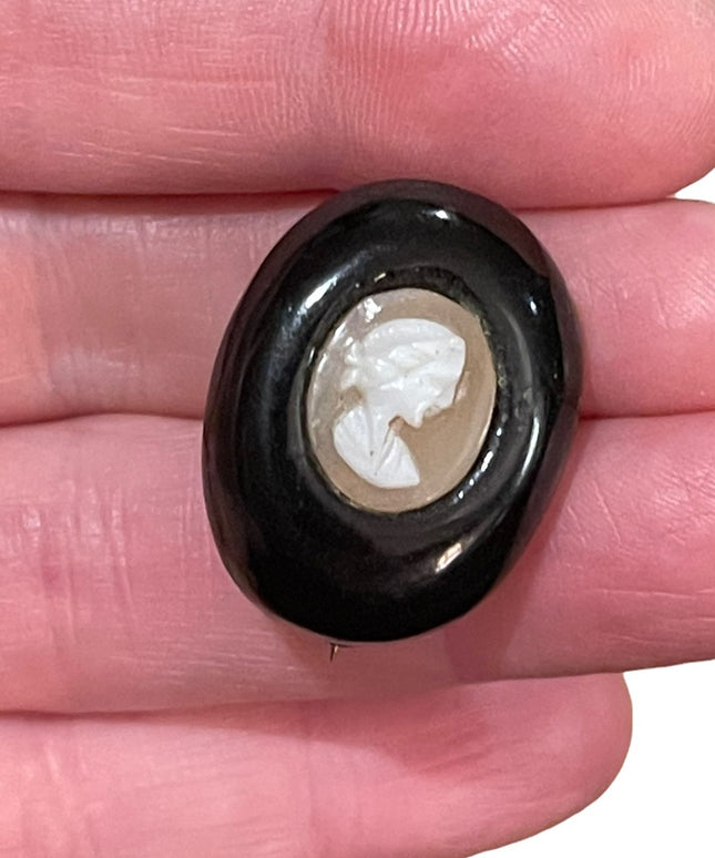 Antique black enamel resin 1940s shell cameo brooch