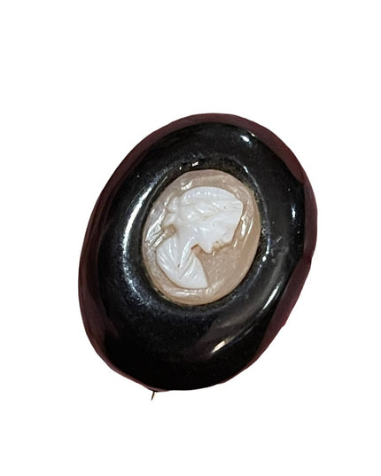 Antique black enamel resin 1940s shell cameo brooch