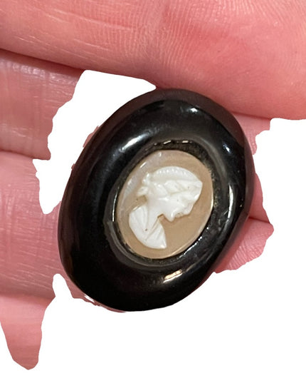 Antique black enamel resin 1940s shell cameo brooch
