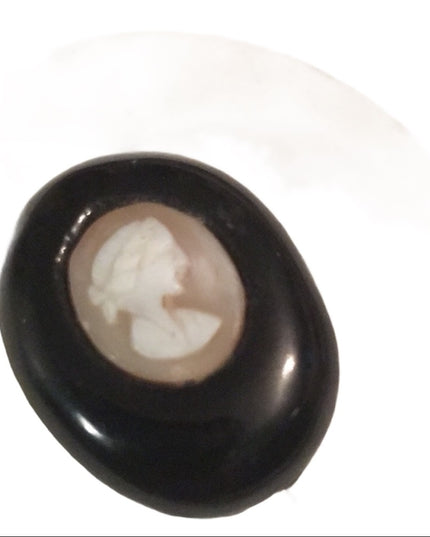 Antique black enamel resin 1940s shell cameo brooch