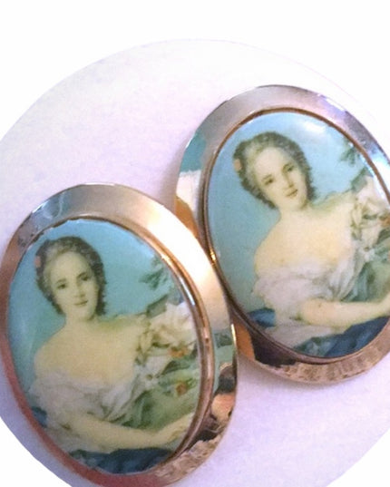 Vintage gold finish fancy glass cameo cufflinks ladies heavy