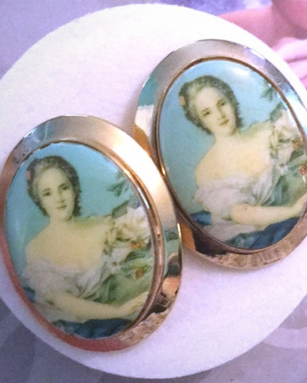 Vintage gold finish fancy glass cameo cufflinks ladies heavy