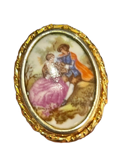 Vintage Limoges ceramic cameo brooch 1.3” Fragonard gold finish