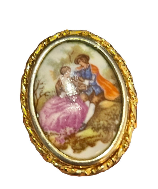 Vintage Limoges ceramic cameo brooch 1.3” Fragonard gold finish