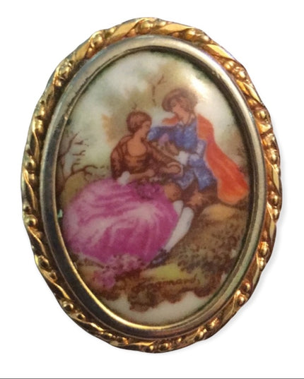 Vintage Limoges ceramic cameo brooch 1.3” Fragonard gold finish