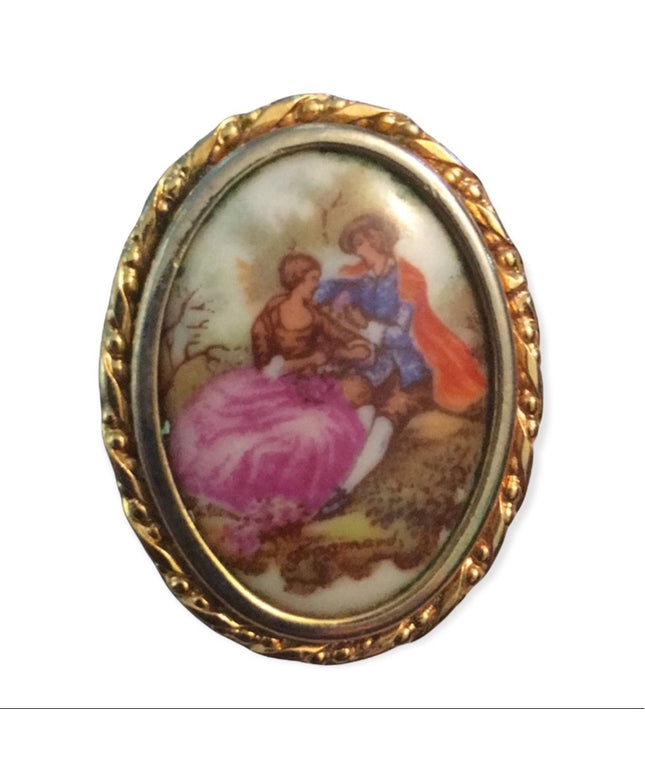 Vintage Limoges ceramic cameo brooch 1.3” Fragonard gold finish