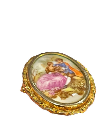 Vintage Limoges ceramic cameo brooch 1.3” Fragonard gold finish