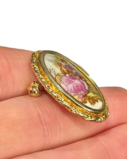 Vintage Limoges ceramic cameo brooch 1.3” Fragonard gold finish