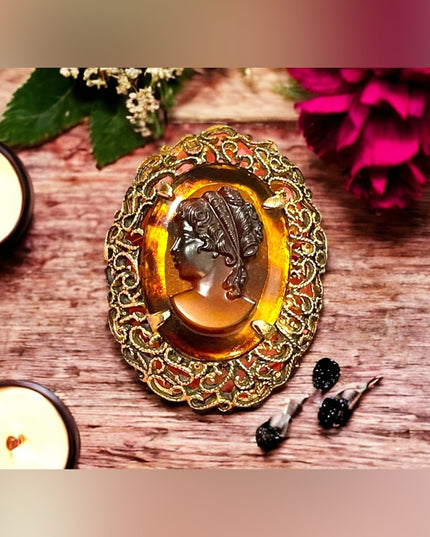 Vintage gold finish faux amber large fancy ornate cameo brooch