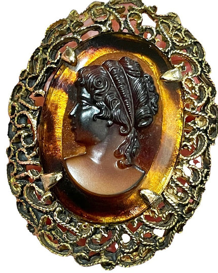 Vintage gold finish faux amber large fancy ornate cameo brooch