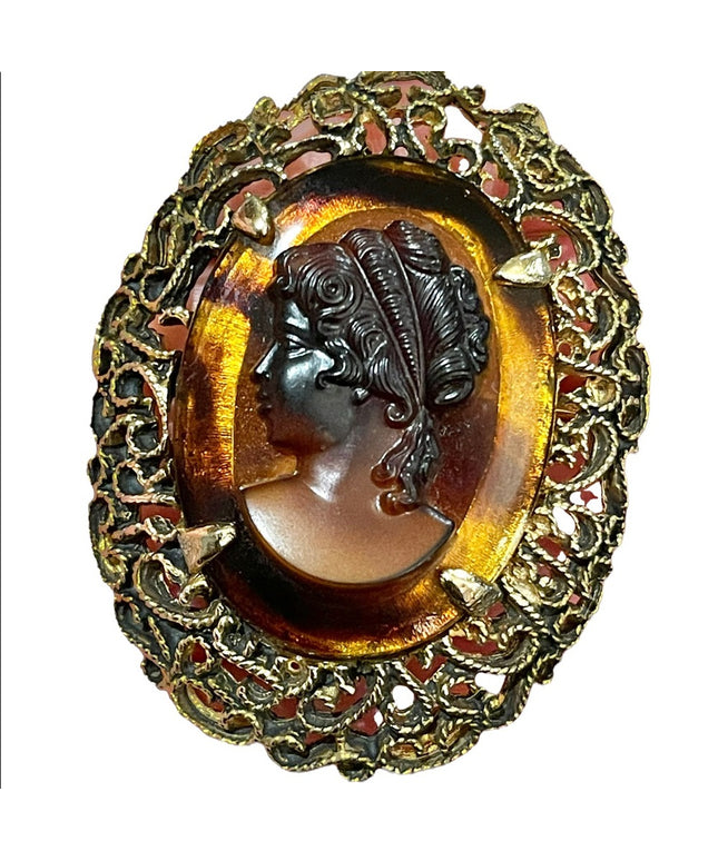 Vintage gold finish faux amber large fancy ornate cameo brooch