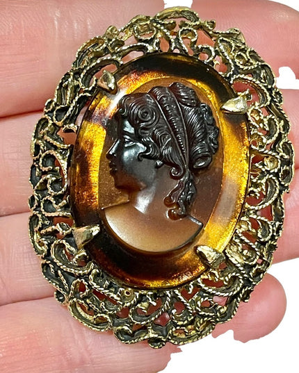 Vintage gold finish faux amber large fancy ornate cameo brooch