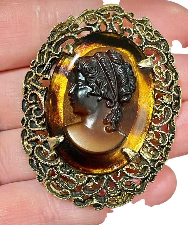 Vintage gold finish faux amber large fancy ornate cameo brooch