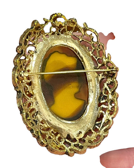 Vintage gold finish faux amber large fancy ornate cameo brooch