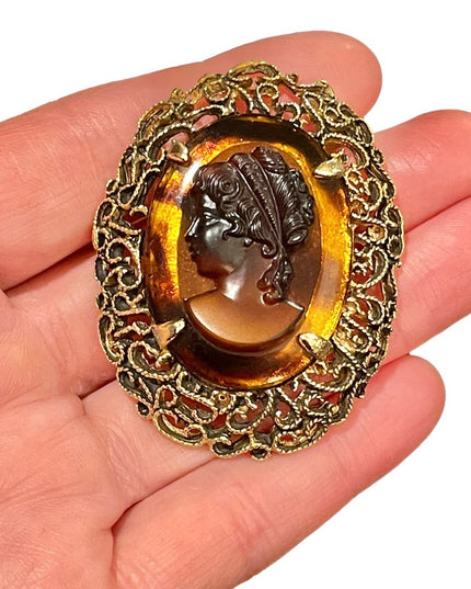 Vintage gold finish faux amber large fancy ornate cameo brooch