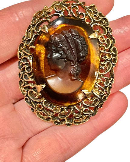 Vintage gold finish faux amber large fancy ornate cameo brooch