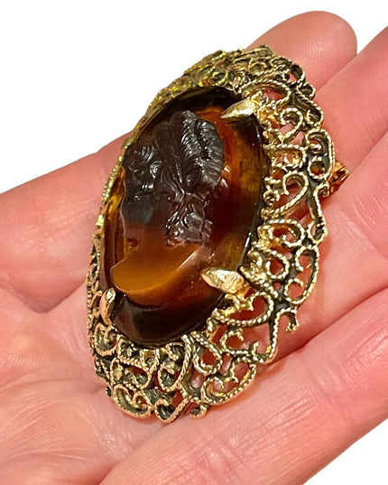 Vintage gold finish faux amber large fancy ornate cameo brooch