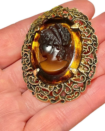 Vintage gold finish faux amber large fancy ornate cameo brooch