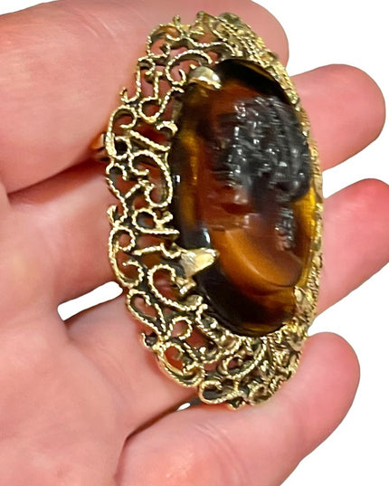 Vintage gold finish faux amber large fancy ornate cameo brooch