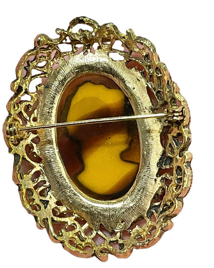 Vintage gold finish faux amber large fancy ornate cameo brooch