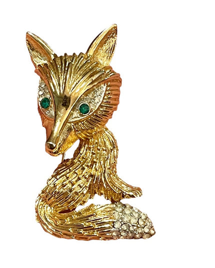 Vintage large gold finish crystal rhinestone FOX brooch