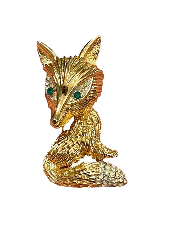 Vintage large gold finish crystal rhinestone FOX brooch