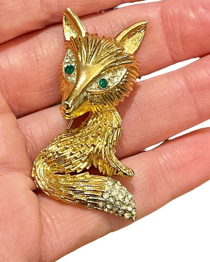 Vintage large gold finish crystal rhinestone FOX brooch