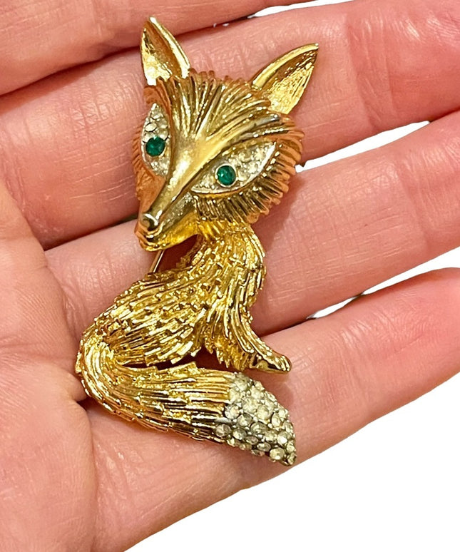 Vintage large gold finish crystal rhinestone FOX brooch