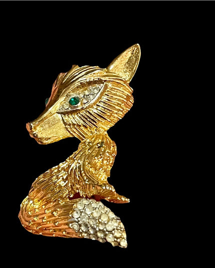 Vintage large gold finish crystal rhinestone FOX brooch