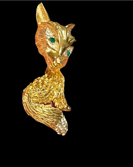 Vintage large gold finish crystal rhinestone FOX brooch