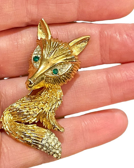 Vintage large gold finish crystal rhinestone FOX brooch