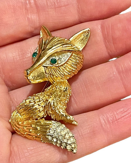 Vintage large gold finish crystal rhinestone FOX brooch
