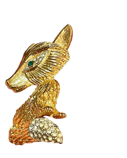 Vintage large gold finish crystal rhinestone FOX brooch
