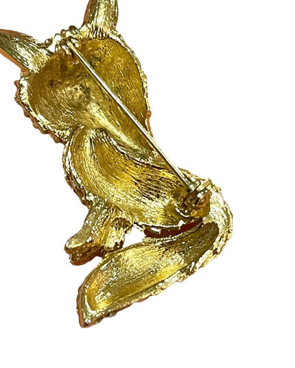 Vintage large gold finish crystal rhinestone FOX brooch