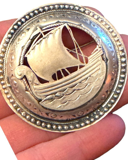 Antique Victorian Nordic sterling silver 925 Viking ship brooch