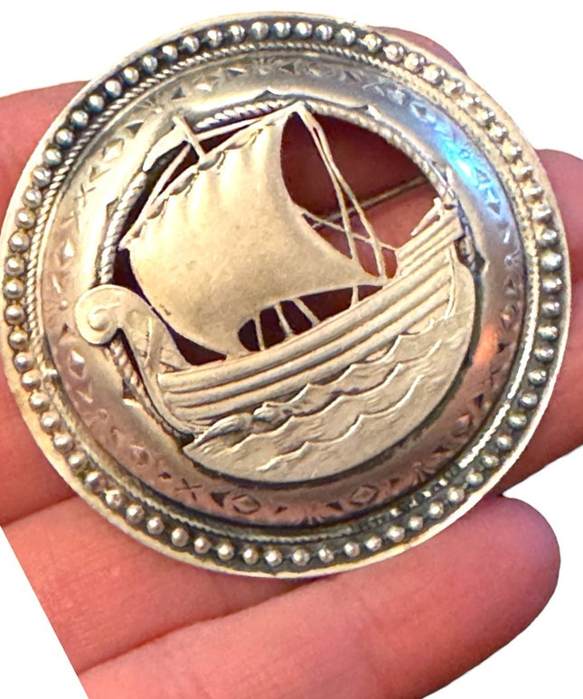 Antique Victorian Nordic sterling silver 925 Viking ship brooch