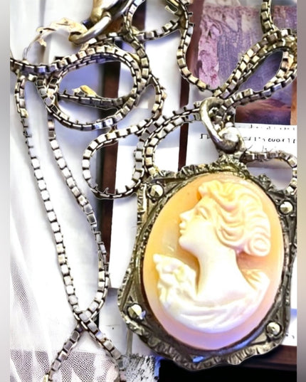 Antique 800 sterling silver shell cameo marcasite necklace Marcasite