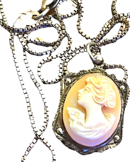Antique 800 sterling silver shell cameo marcasite necklace Marcasite