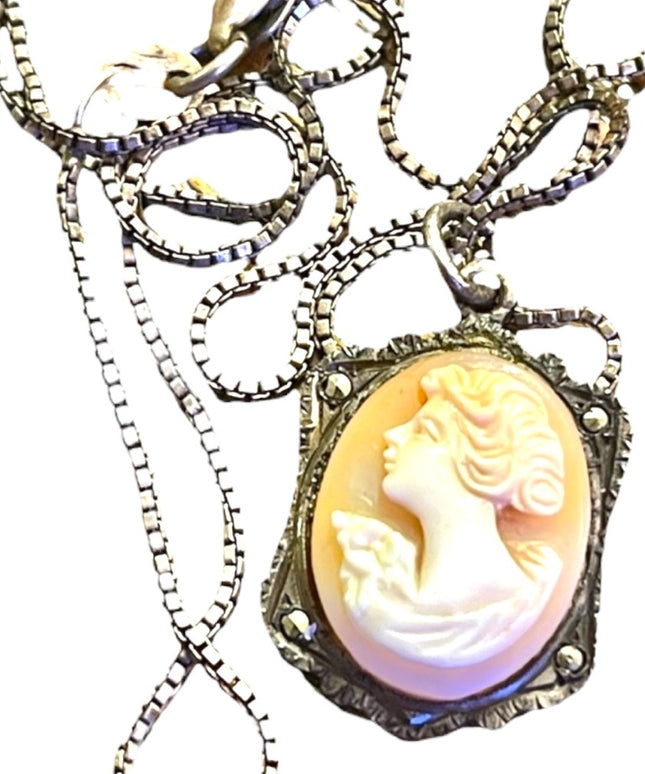 Antique 800 sterling silver shell cameo marcasite necklace Marcasite