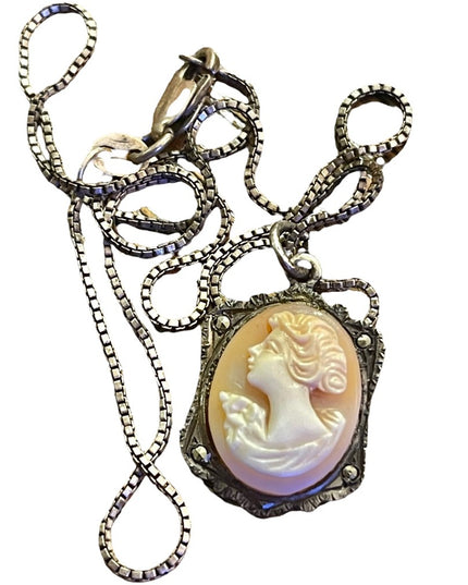 Antique 800 sterling silver shell cameo marcasite necklace Marcasite