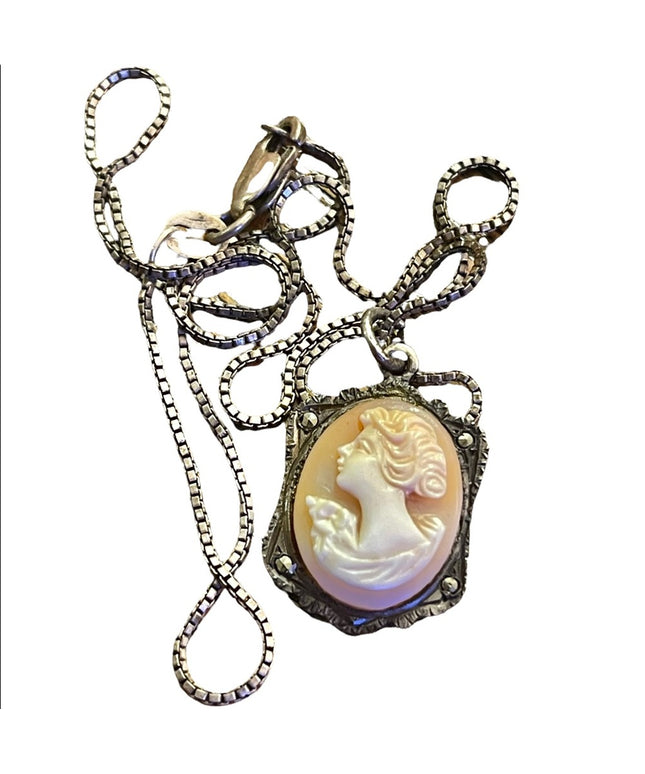 Antique 800 sterling silver shell cameo marcasite necklace Marcasite