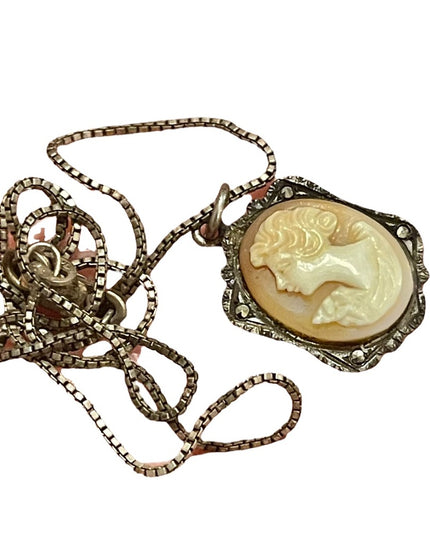 Antique 800 sterling silver shell cameo marcasite necklace Marcasite