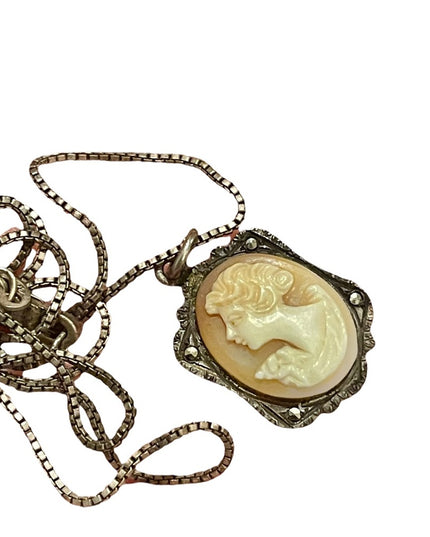 Antique 800 sterling silver shell cameo marcasite necklace Marcasite