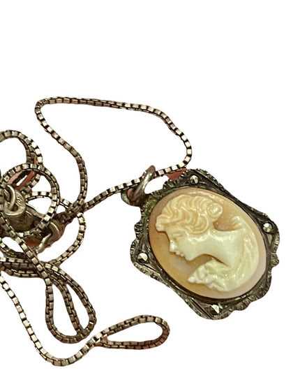 Antique 800 sterling silver shell cameo marcasite necklace Marcasite