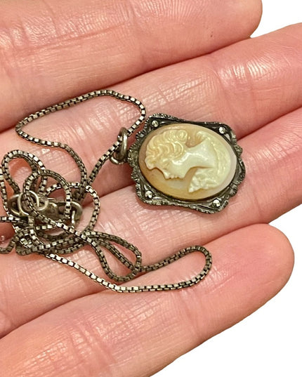 Antique 800 sterling silver shell cameo marcasite necklace Marcasite