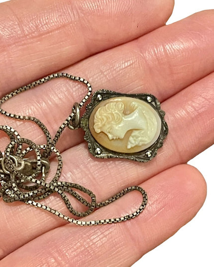 Antique 800 sterling silver shell cameo marcasite necklace Marcasite