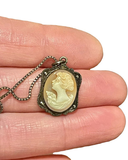 Antique 800 sterling silver shell cameo marcasite necklace Marcasite