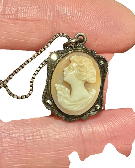 Antique 800 sterling silver shell cameo marcasite necklace Marcasite