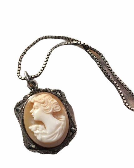Antique 800 sterling silver shell cameo marcasite necklace Marcasite