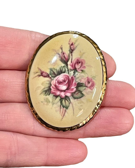 Vintage Ceramic flower cameo brooch hand painted gold finish